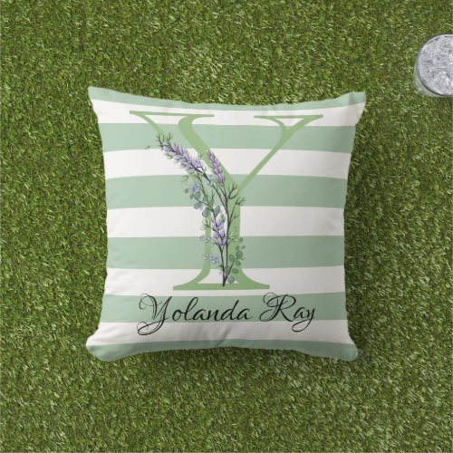 Soft green strips monogram lavender greenery throw outdoor pillow