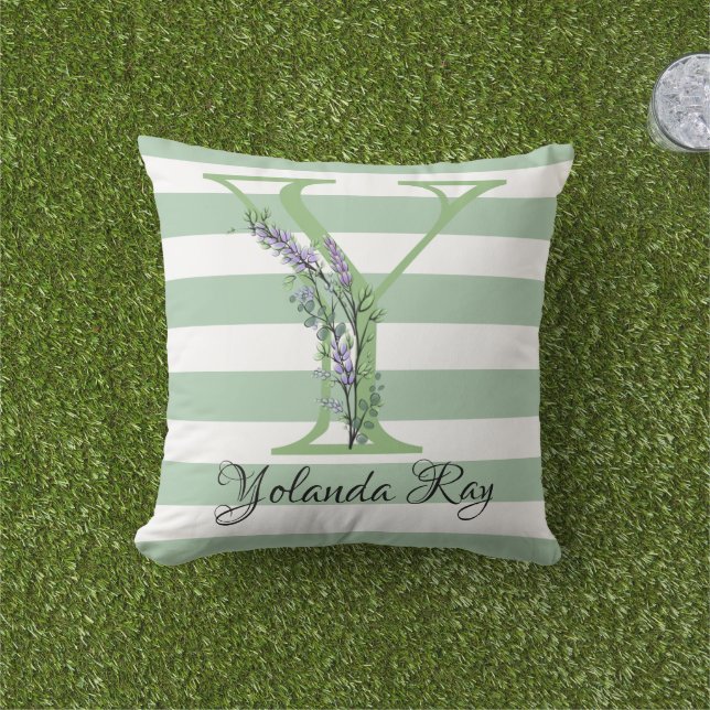 Soft green strips monogram lavender greenery throw outdoor pillow (Grass)