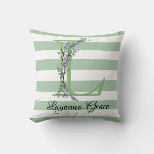 Soft green strips monogram lavender greenery throw pillow