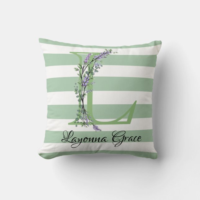 Soft green strips monogram lavender greenery throw pillow (Front)
