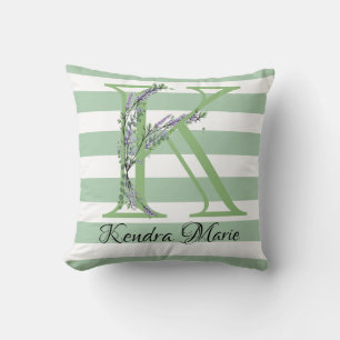 Soft green strips monogram lavender greenery throw pillow