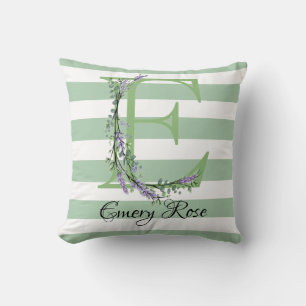 Soft green strips monogram lavender greenery throw pillow