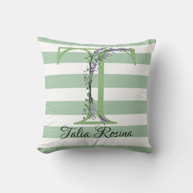 Soft green strips monogram lavender greenery throw pillow (Front)