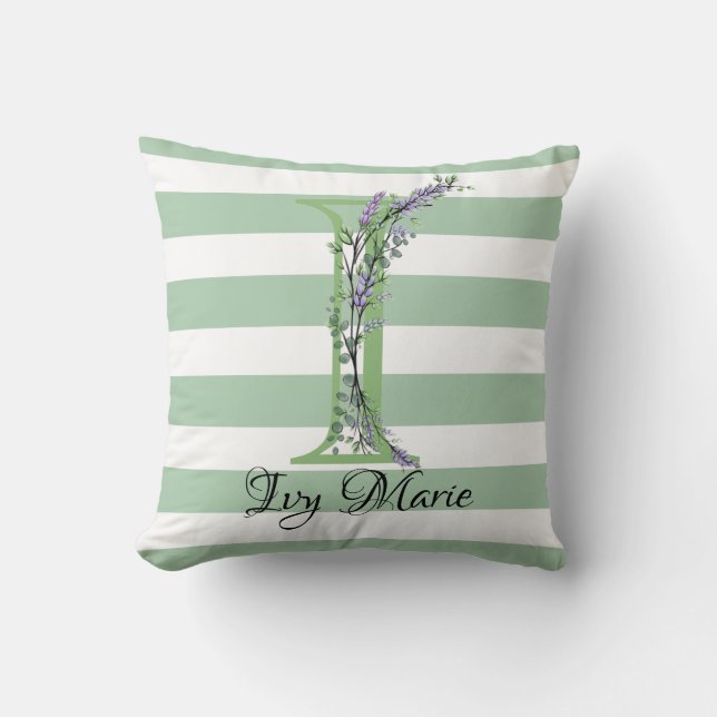 Soft green strips monogram lavender greenery throw pillow (Front)