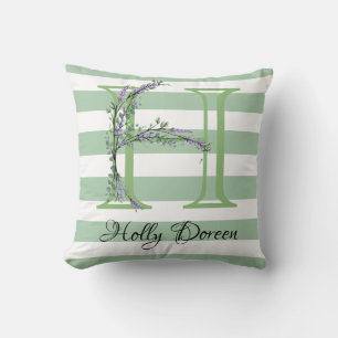 Soft green strips monogram lavender greenery throw pillow