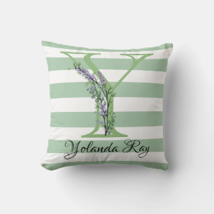 Soft green strips monogram lavender greenery throw pillow