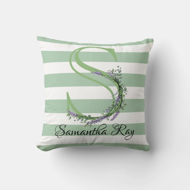 Soft green strips monogram lavender greenery throw pillow (Front)