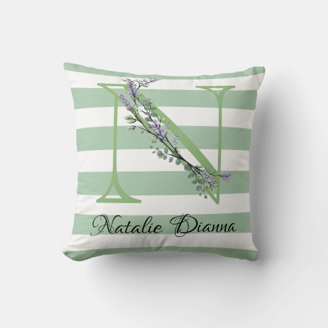 Soft green strips monogram lavender greenery throw pillow (Front)