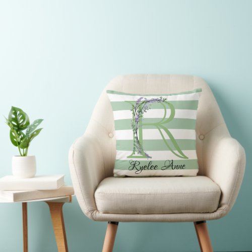 Soft green strips monogram lavender greenery throw pillow