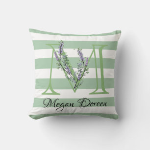 Soft green strips monogram lavender greenery throw pillow