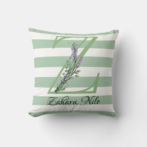 Soft green strips monogram lavender greenery throw throw pillow