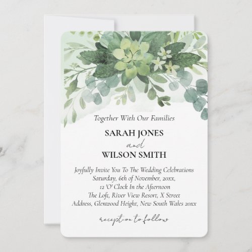Soft Green Succulent Wedding Floral Botanical Invitation
