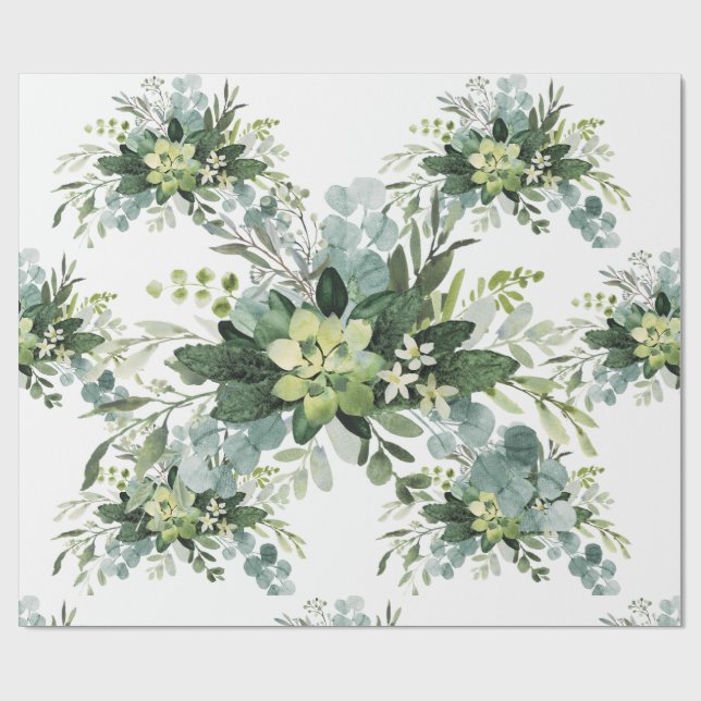 Soft Green Succulent Wedding Floral Botanical Pape Wrapping Paper (Flat)