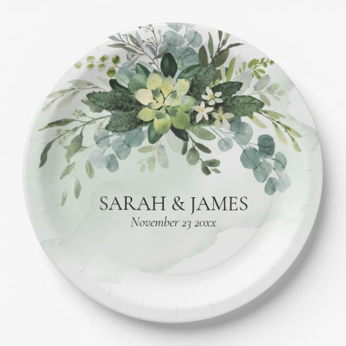Soft Green Succulent Wedding Floral Botanical Paper Plates
