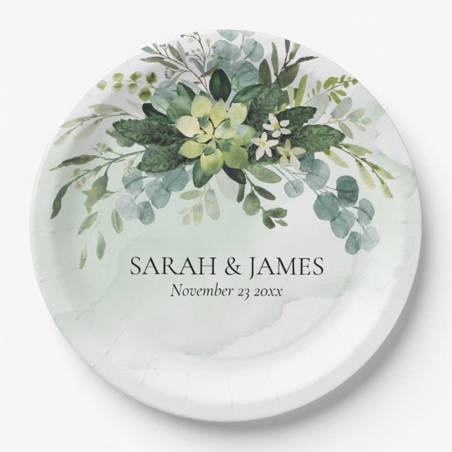 Soft Green Succulent Wedding Floral Botanical Paper Plates (Front)