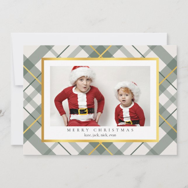 Soft Green Tartan Plaid Faux Gold Christmas Card (Front)