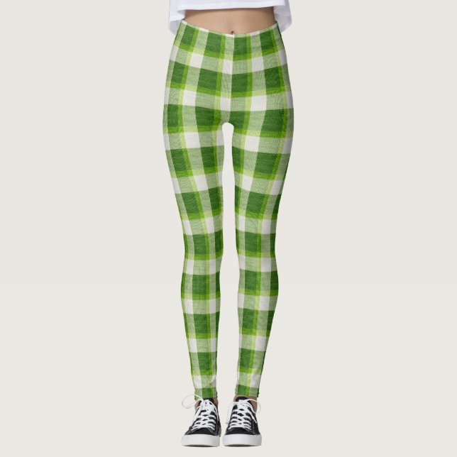 Soft Green Tartan Plaid Leggings (Front)