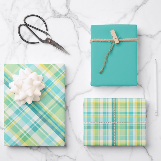 Soft Green, Teal, Blue, Yellow & White Plaid Wrapping Paper Sheets (Front)