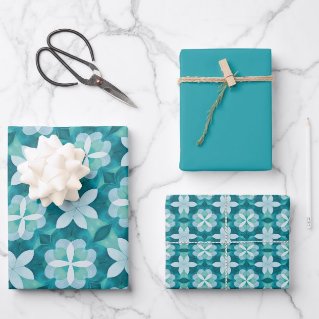 Soft Green, Teal & White Tile Pattern Wrapping Paper Sheets (Front)