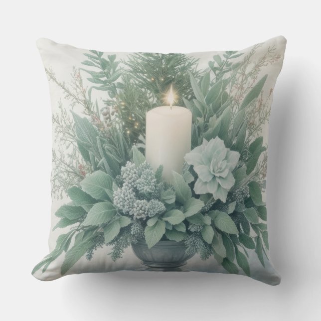 Soft Green Tones Christmas Candle Throw Pillow (Front)
