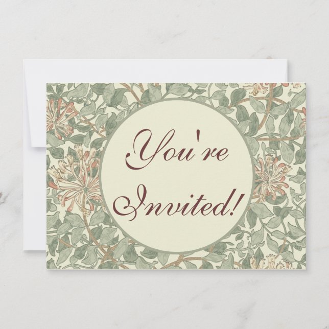 Soft Green Vintage William Morris Honeysuckle Invitation (Front)