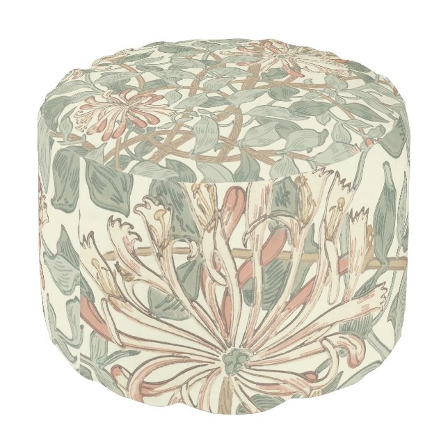 Soft Green Vintage William Morris Honeysuckle Pouf (Angled Back)