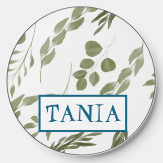 Soft Green Watercolor Botanical Monogram Name Wireless Charger