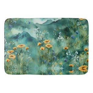 Soft Green watercolor landscape wildflowers Bath Mat