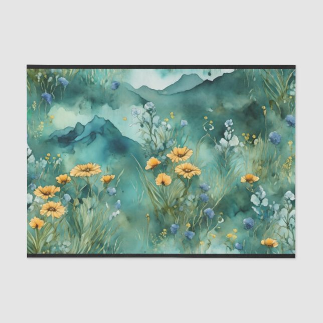 Soft Green watercolor landscape wildflowers Tissue Paper (Front)
