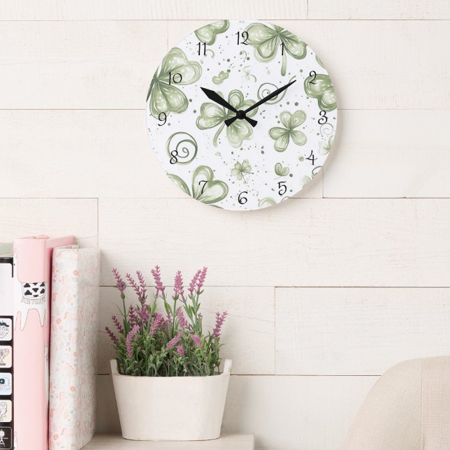 Soft Green Watercolor Shamrocks Clovers Large Clock (Creator Uploaded)