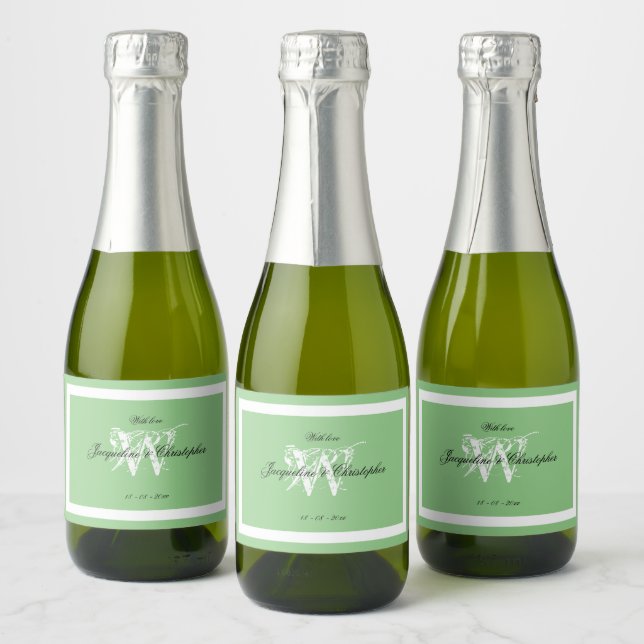 Soft Green Wedding Chic White Monogram Mini Sparkling Wine Label (Bottles)