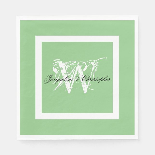 Soft Green Wedding White Monogram & Names Paper Napkins (Front)