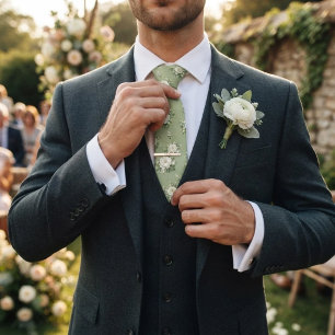 Soft Green White Peony Chintz Bouquet Pattern Neck Tie