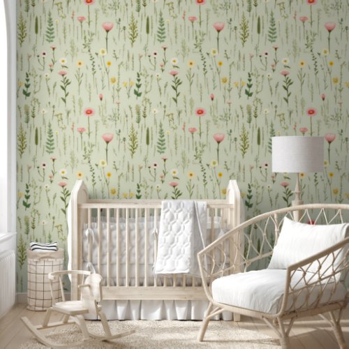 Soft Green Wildflowers Floral Botanical White Wallpaper