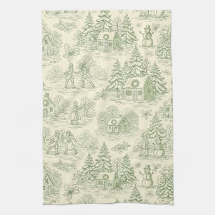 Soft Green Winter Village Toile Pattern Kitchen Towel