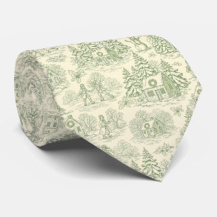 Soft Green Winter Village Toile Pattern Neck Tie