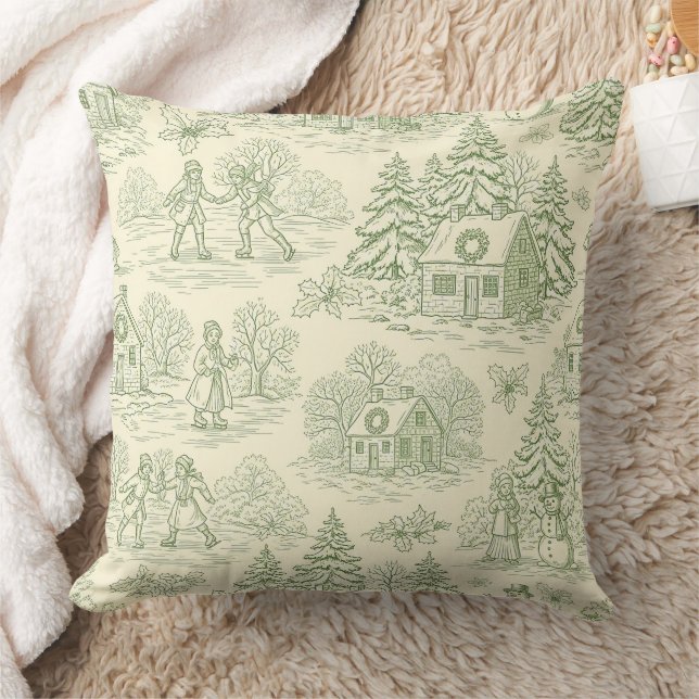 Soft Green Winter Village Toile Pattern Throw Pillow (Blanket)