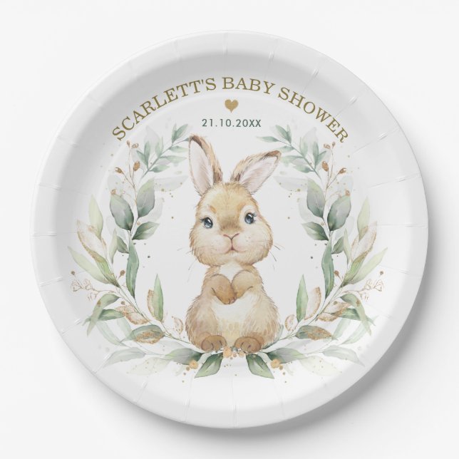 Soft Greenery Bunny Easter Rabbit Baby Shower Paper Plates (Front)