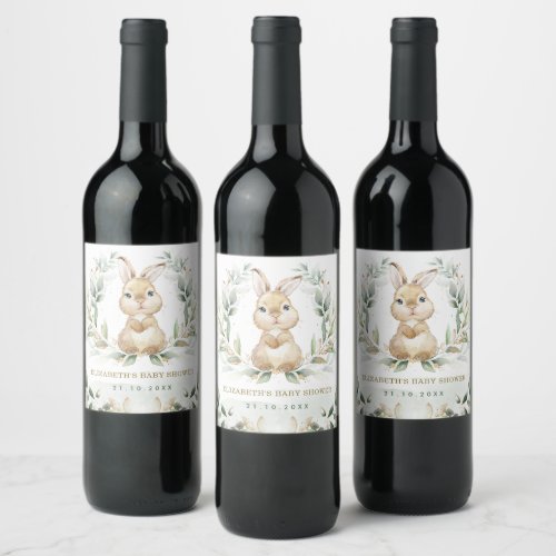 Soft Greenery Bunny Easter Rabbit Baby Shower Wine Label