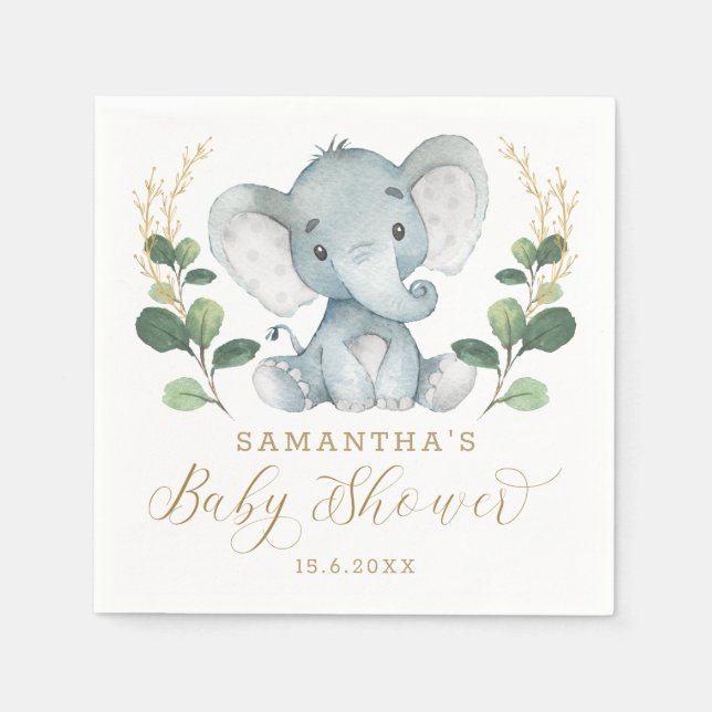 Soft Greenery Elephant Green Gold Baby Shower Napkins (Front)