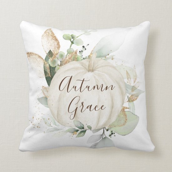 Soft Greenery Gold Autumn Pumpkin Nursery Monogram Throw Pillow