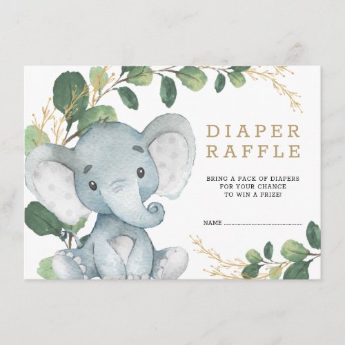 Soft Greenery Gold Baby Elephant Diaper Raffle Enclosure Card