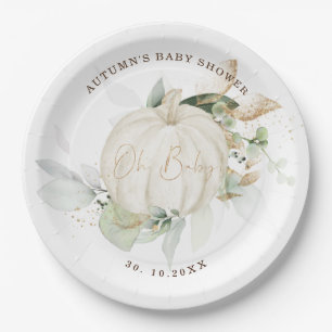 Soft Greenery Gold Pumpkin Baby Shower Fall Autumn Paper Plates