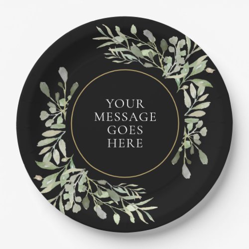 Soft Greenery Leaves Black and Gold Celebration Paper Plates