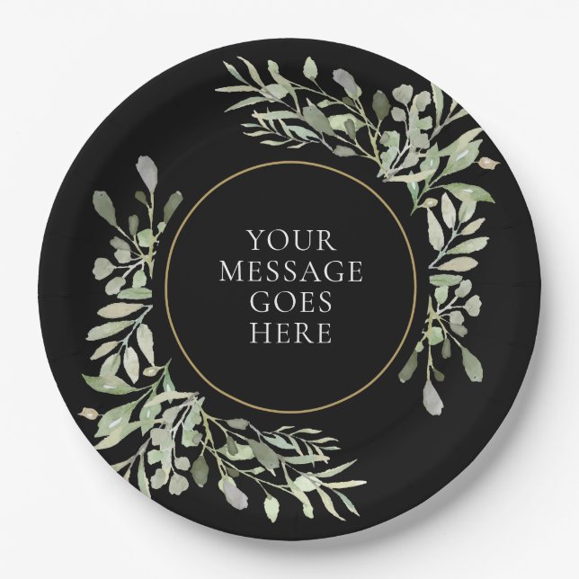 Soft Greenery Leaves Black and Gold Celebration Paper Plates (Front)