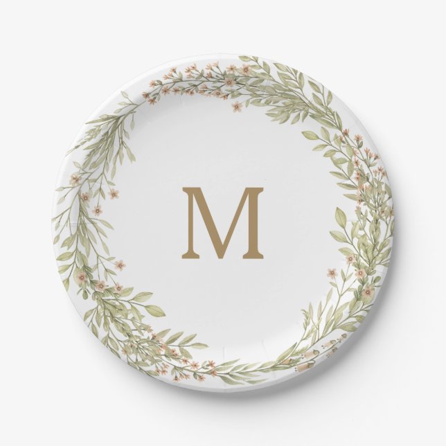 Soft Greenery Monogram Bridal Shower Paper Plate (Front)