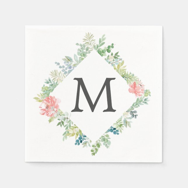 Soft Greenery Monogram Cocktail Napkin (Front)
