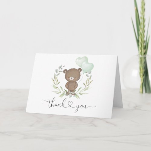 Soft Greenery Teddy Bear Baby Shower Thank You Card