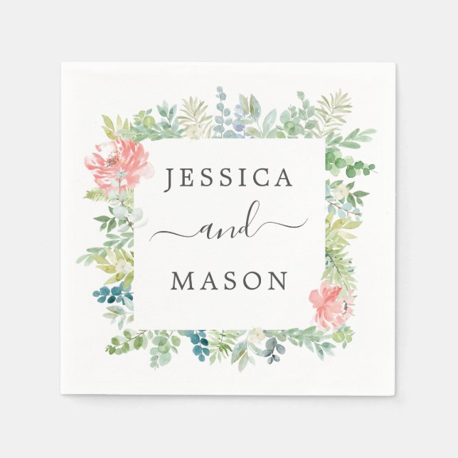 Soft Greenery Wedding Cocktail Napkin (Front)