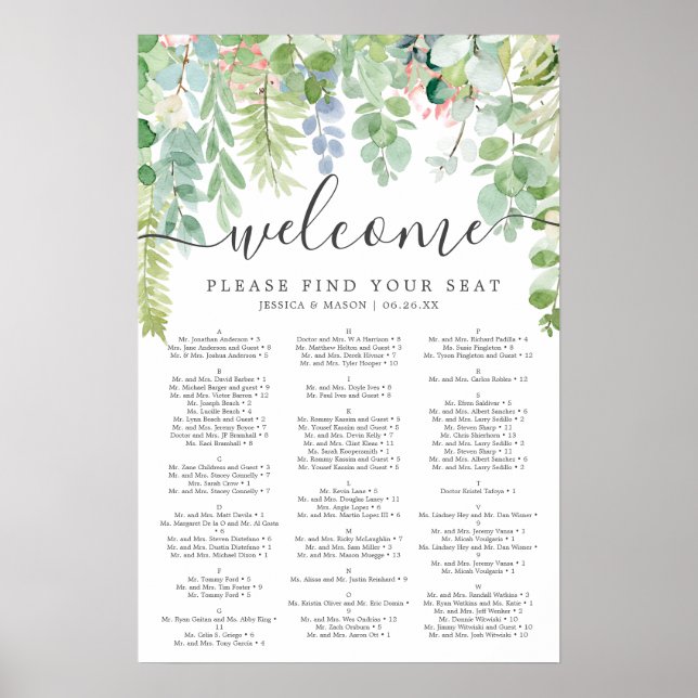 Soft Greenery Wedding Seating Chart Sign (Front)